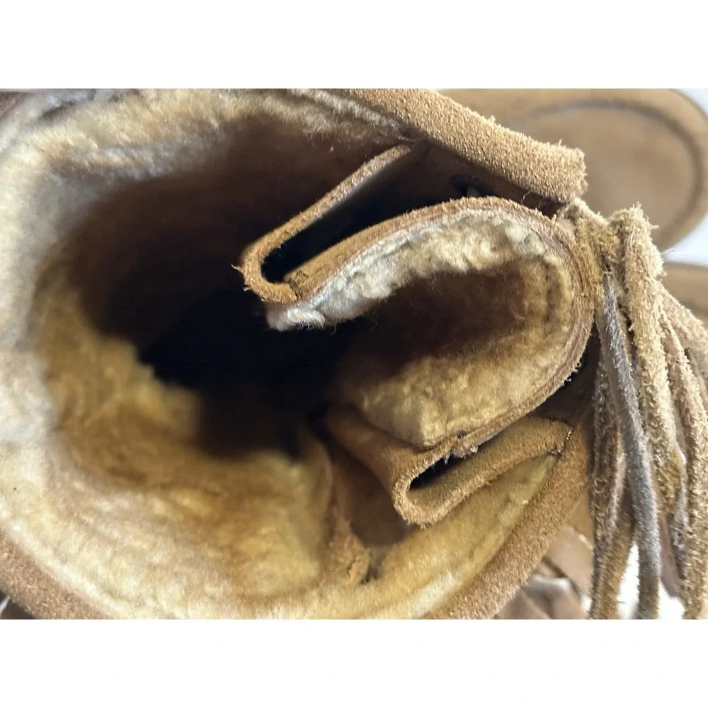 L L Bean Suede Leather Tan Tassel Fringe Sheepskin Lined Winter Boots Size 7‎ M